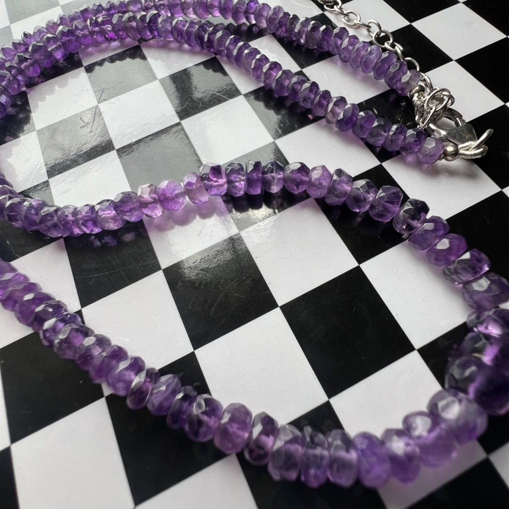 Purple Amethyst π Faceted Bead Necklace 60ctw Sterling Silver - Picture 4 of 16